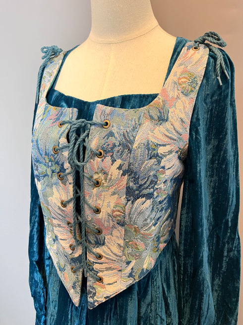 Gothic Blue Medieval Velvet Dress with Floral Corset and Long Sleeves – Gothic Medieval Dress Plus Size